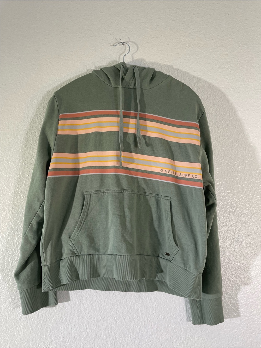 O'Neill Sage Green Pullover Offshore Hoodie with Peach Stripes surfer skater y2k